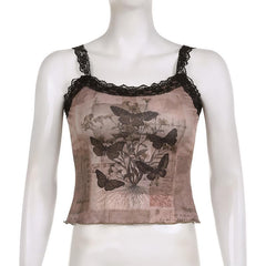 Butterfly pattern lace hem backless contrast top