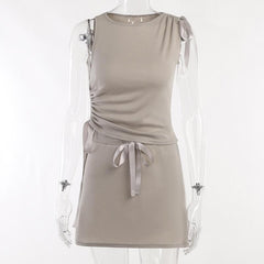 Drawstring solid ruched sleeveless lace up mini skirt set
