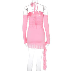 Long sleeve off shoulder flower applique ruffle ruched mini dress