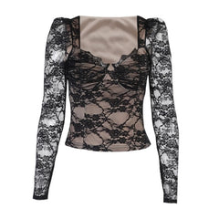 V neck eyelash lace puff long sleeve top