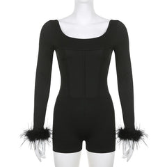 Feather corset long sleeve backless solid romper