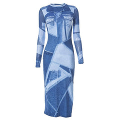Denim print long sleeve contrast crewneck slit midi dress