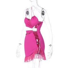 Irregular hollow out ruffle backless one shoulder spaghetti strap mini dress