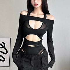 PRE ORDER - Hollow out solid long sleeve off shoulder mesh bodysuit
