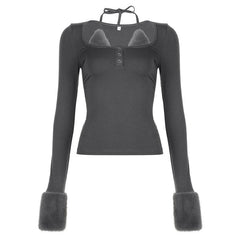 Fluffy patchwork halter button long sleeve top