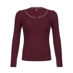 Ribbed long sleeve lace hem button solid top