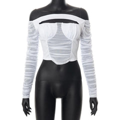 Off shoulder ruched hollow out solid mesh long sleeve crop top