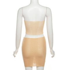 Tie dye contrast sheer mesh see through tube mini skirt set