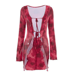 Long sleeve contrast print self tie ruffle mini dress