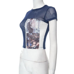 Patchwork sheer mesh see through short sleeve crop top
