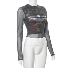 Long sleeve crewneck eagle print mesh top