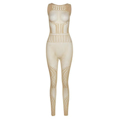 Sleeveless fishnet hollow out solid jumpsuit