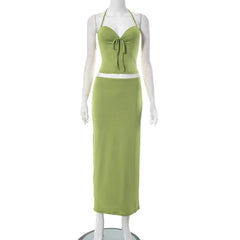 Halter sweetheart neck backless padded solid maxi skirt set