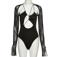 Mesh long sleeve hollow out bodysuit