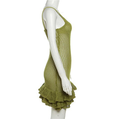 Crochet v neck sleeveless hollow out ruffle mini dress