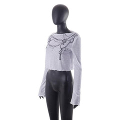 Long sleeve round neck ruffle contrast print see through crop top