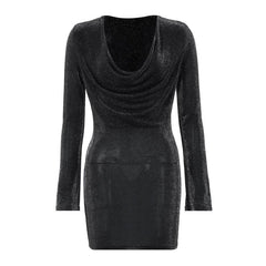 Long sleeve cowl neck ruched glitter solid mini dress