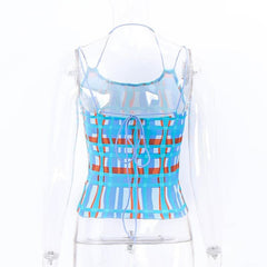 Plaid contrast halter self tie backless crop top