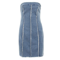 Raw hem zip-up backless contrast denim tube mini dress