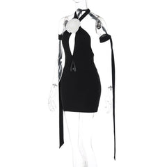 Flower applique contrast self tie halter backless hollow out mini dress