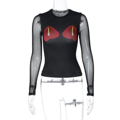 Long sleeve mesh crewneck flower pattern patchwork top