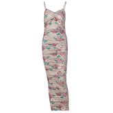 Sleeveless flower pattern v neck ruched backless midi dress