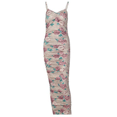 Sleeveless flower pattern v neck ruched backless midi dress