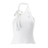 Irregular hollow out self tie halter backless crop top