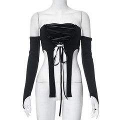 Lace up off shoulder long sleeve gloves solid tube crop top