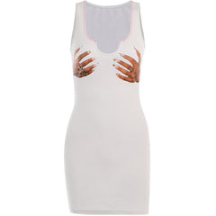 Palm pattern contrast sleeveless notch neck mini dress