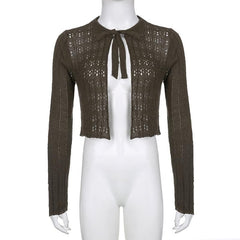 Crochet self tie long sleeve hollow out solid top - Final Sale
