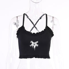Cross back ruffle backless star pattern crop top
