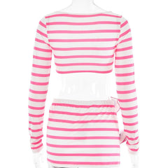 Striped flower applique long sleeve contrast slit mini skirt set