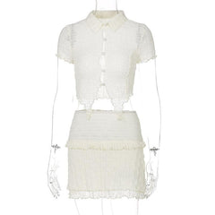 Textured button turnover collar short sleeve ruffle mini skirt set