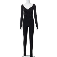 Long sleeve gloves solid v neck ruched jumpsuit