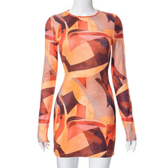 Contrast print long sleeve crewneck mini dress
