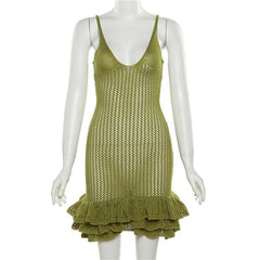 Crochet v neck sleeveless hollow out ruffle mini dress