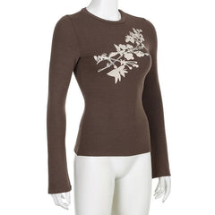 Flower print crewneck long sleeve contrast top