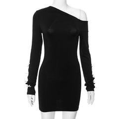 Long sleeve one shoulder irregular bowknot hollow out mini dress
