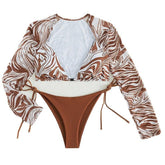 Ripple contrast long sleeve v neck self tie bikini swimwear