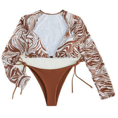 Ripple contrast long sleeve v neck self tie bikini swimwear