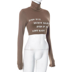 Long sleeve turtle neck letter print contrast crop top