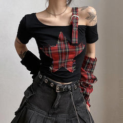 Patchwork irregular plaid contrast gloves off shoulder short sleeve top