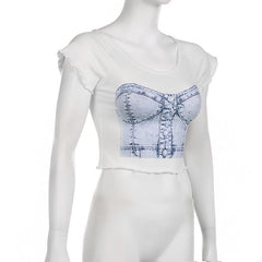 Denim pattern cap sleeve contrast u neck ruffle crop top