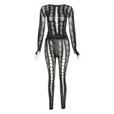 Fishnet long sleeve hollow out see through gloves solid pant set