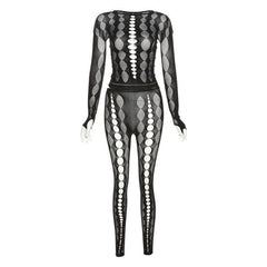 Fishnet long sleeve hollow out see through gloves solid pant set