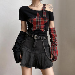 Patchwork irregular plaid contrast gloves off shoulder short sleeve top