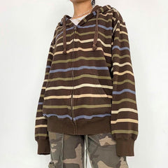 Long sleeve contrast striped zip-up hoodie coat top
