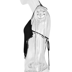 Halter spaghetti strap self tie backless solid stitch cowl neck crop top