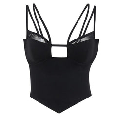 Mesh solid patchwork backless hollow out crop top